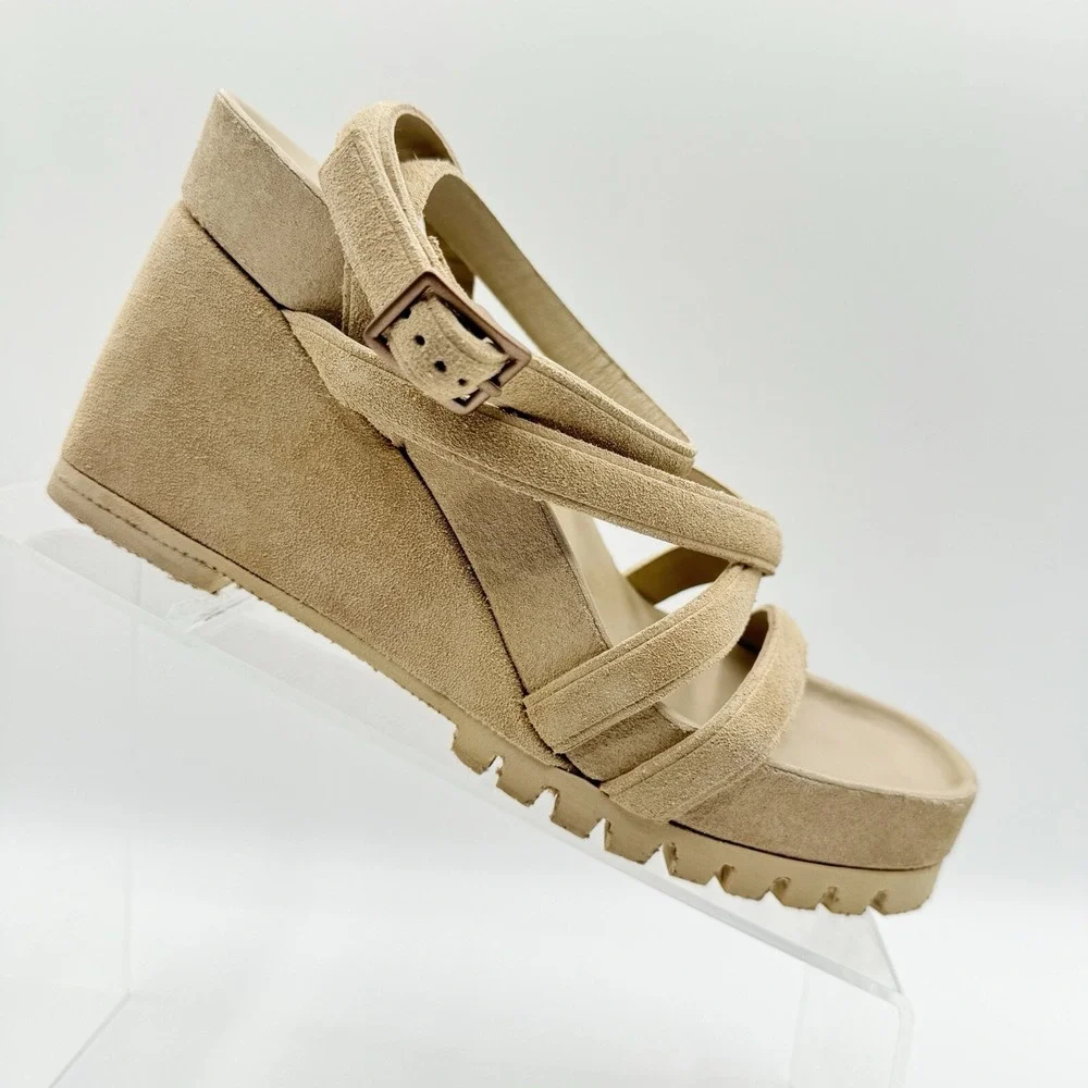 Pedro Garcia Jodie Suede Wedge Sandal Ankle Strap Heel Beige Size 35.5 5.5 $595
